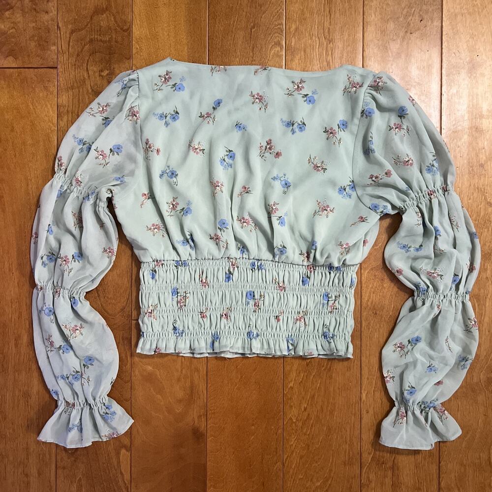 SO Mint Floral Ruched Crop Top Size L Green Cottagecore Puff Sleeve Fairy - Picture 10 of 13